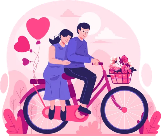 A Happy Couple Is Riding A Bicycle Together A Man And A Woman Enjoying A Romantic Bike Ride With Heart Shaped Balloons Happy Valentines Day Illustration