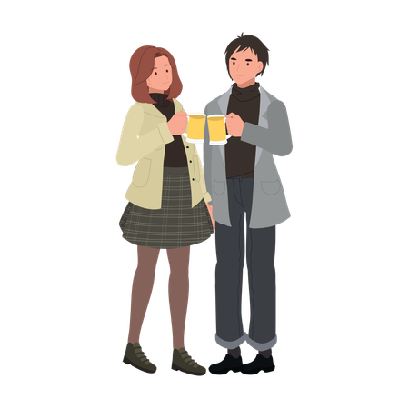 Happy Couple Making a Toast with Beer  Illustration