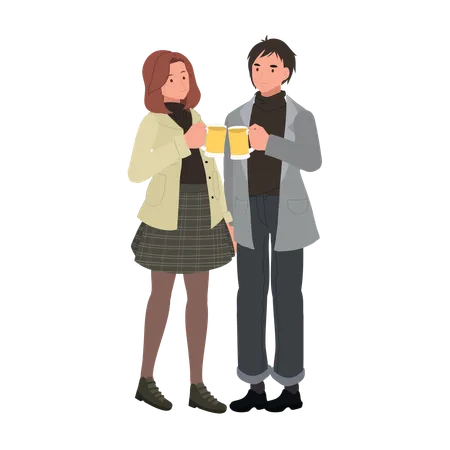 Happy Couple Making a Toast with Beer  Illustration