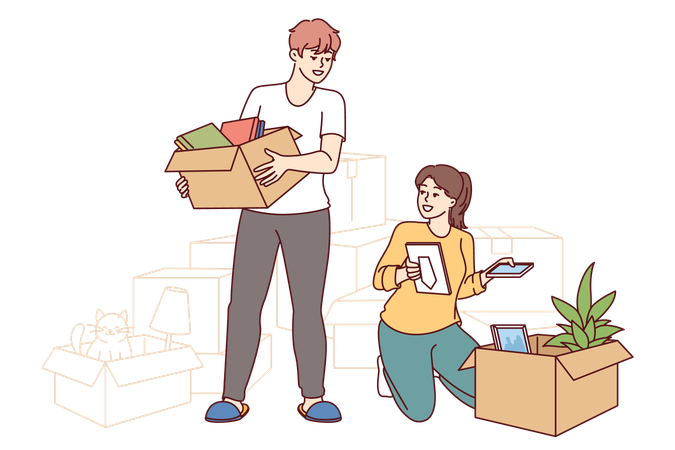 Happy couple moves into new apartment  Illustration
