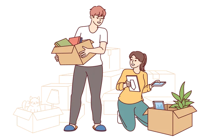 Happy couple moves into new apartment  Illustration