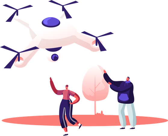 Happy Couple of Man and Woman Waving Hands to Flying in Sky Drone Illustration