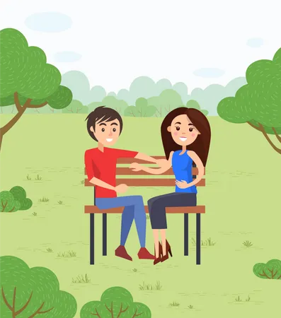 Happy Couple on Date in Park Sitting on Bench  Illustration