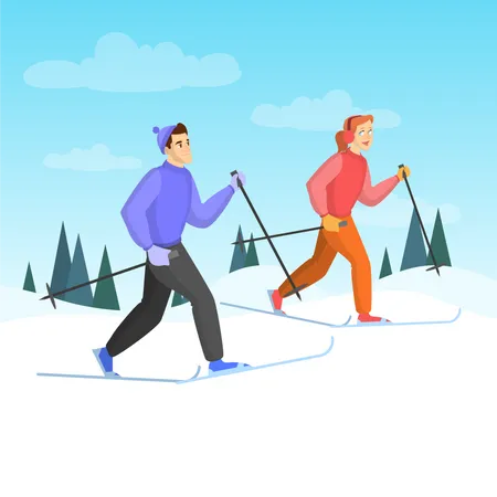 Happy Couple On Ski Winter Season Activity Outdoor Sport People Skiing On The Nature Vector Illustration In Cartoon Style Illustration