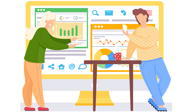 Happy couple playing game Monitoring image of statistical data  Illustration