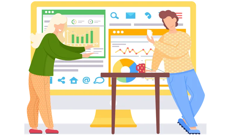 Happy couple playing game Monitoring image of statistical data  Illustration