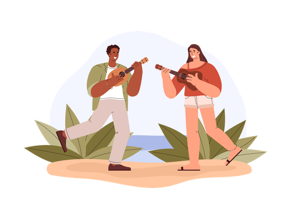 Happy couple playing ukulele on beach  Illustration