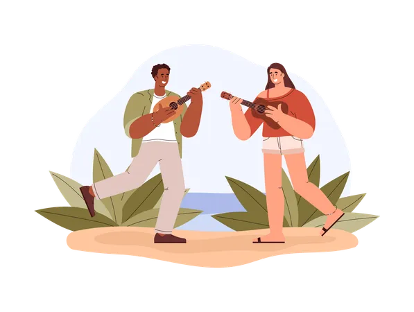 Happy couple playing ukulele on beach  Illustration