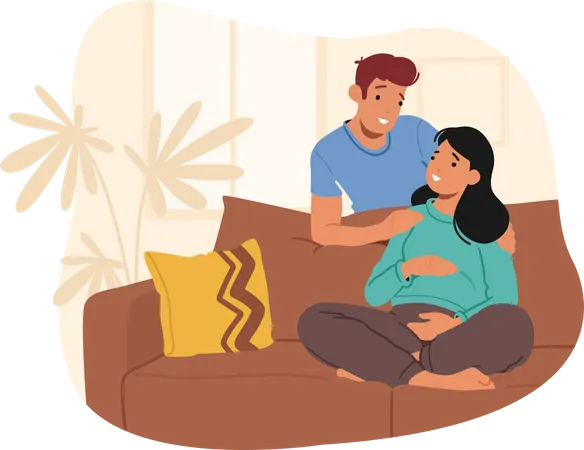 Maternity Parenting Concept Happy Couple Of Husband And Wife Prepare Become Parents Man Embracing Pregnant Woman With Big Belly Sitting On Couch Young Family Wait Baby Cartoon Vector Illustration Illustration