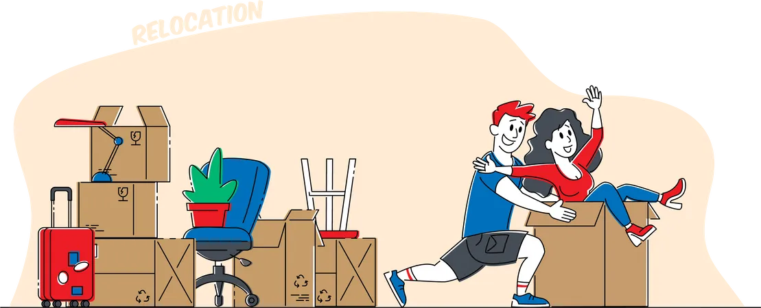 Male And Female Characters Fooling And Rejoice In New House Man Pushing Cardboard Box With Girl Sitting Inside Happy Couple Relocation To Own Apartment Mortgage Linear People Vector Illustration Illustration