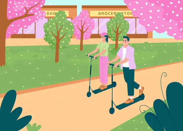 Happy couple riding electric scooters Illustration