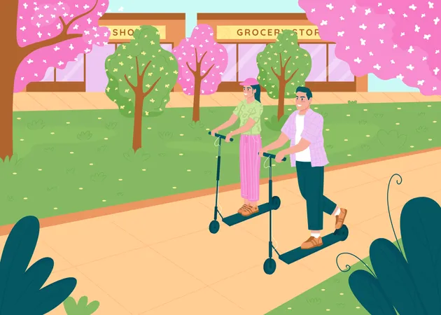 Happy couple riding electric scooters  Illustration