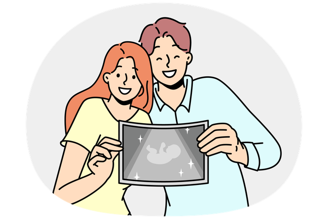 Happy couple showing ultrasound picture of baby  Illustration