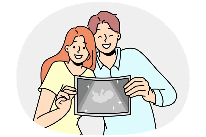 Happy couple showing ultrasound picture of baby  Illustration