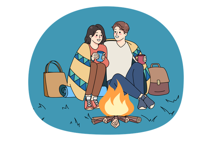Happy couple sit near fire on romantic date  Illustration