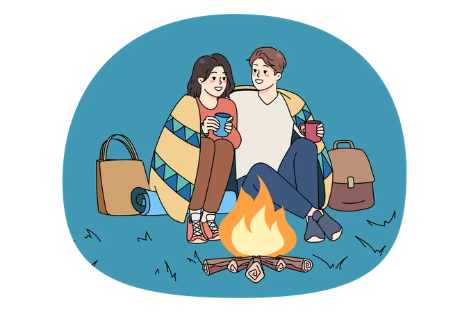 Happy couple sit near fire on romantic date  Illustration