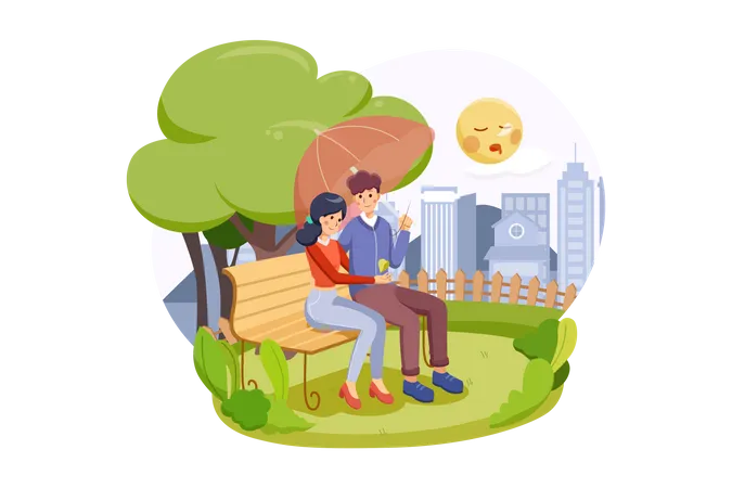 Happy couple sitting on a bench enjoy their valentine in autumn park Illustration
