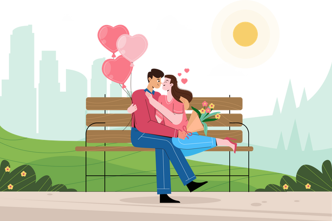 Happy couple sitting on a bench enjoy their valentine in park Illustration