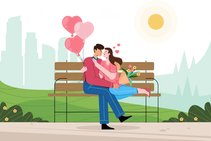 Happy couple sitting on a bench enjoy their valentine in park Illustration