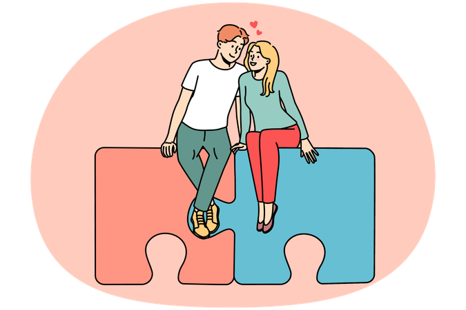 Happy couple sitting on jigsaw puzzles hugging  Illustration