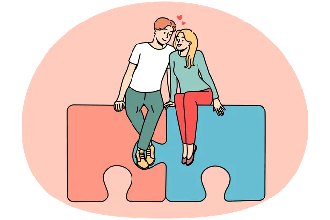 Happy couple sitting on jigsaw puzzles hugging  Illustration