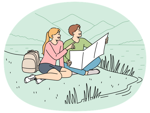 Happy couple sitting on lawn during hike in national park with lake and holding map  Illustration