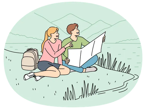 Happy couple sitting on lawn during hike in national park with lake and holding map  Illustration