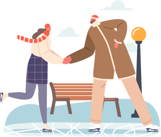 Happy Couple Skate at City Ice Rink  Illustration