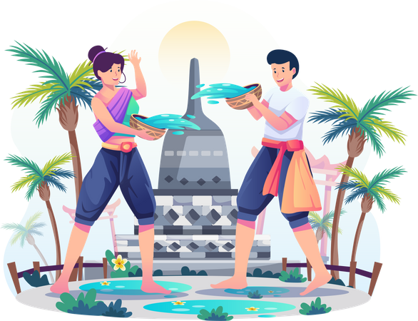 Happy couple splashing water on each other  Illustration