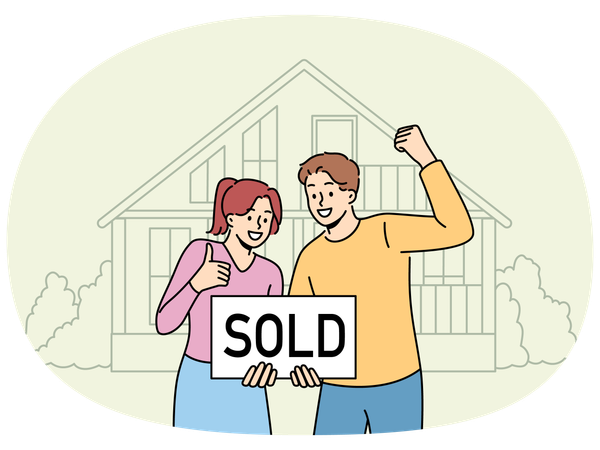 Happy couple standing near house with inscription sold  Illustration