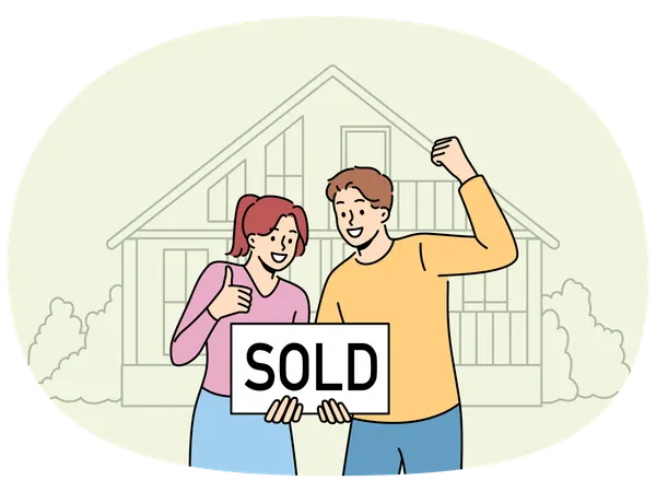 Happy couple standing near house with inscription sold  Illustration