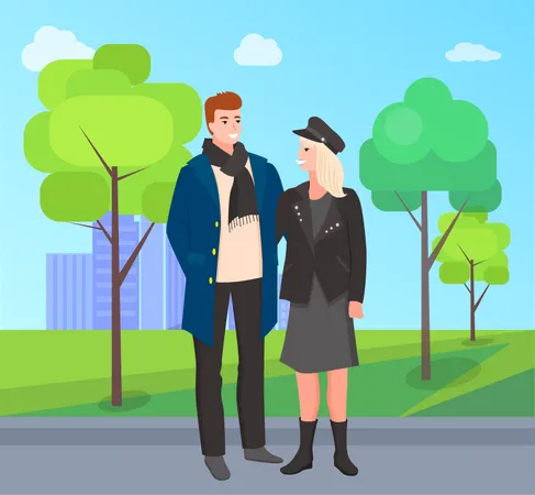 Happy couple standing together in park  Illustration