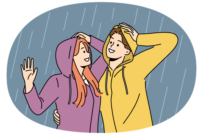Happy couple stands in rain in hoods and hugs rejoicing at cloudy weather and autumn downpour  Illustration
