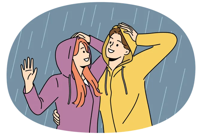 Happy couple stands in rain in hoods and hugs rejoicing at cloudy weather and autumn downpour  Illustration