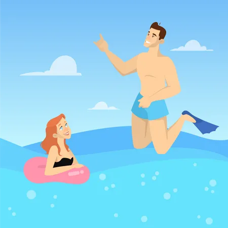 Happy Couple Swimming In The Sea Summer Vacation And Holiday People In Ocean In Swimwear Vector Illustration In Cartoon Style Illustration