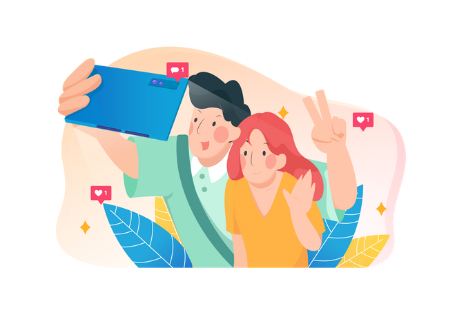 Happy couple takes a selfie during their holidays Illustration