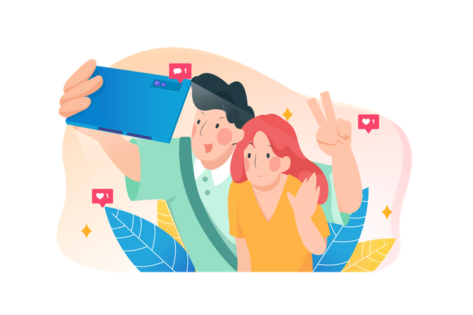 Happy couple takes a selfie during their holidays  Illustration