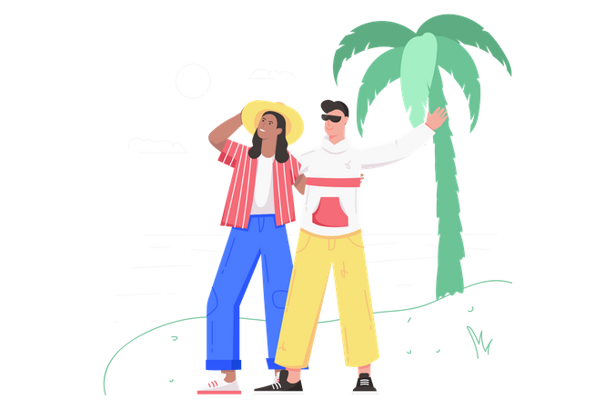 Happy couple walking along beach  Illustration