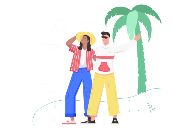 Tourists Go On Vacation Travel Modern Flat Concept Happy Couple Walking Along Beach While Relaxing On Tropical Island In Ocean At Resort Vector Illustration With People Scene For Web Banner Design イラスト