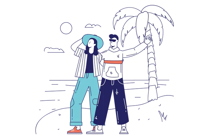 People In Travel Concept In Flat Line Design For Web Banner Couple Of Tourists Resting On Tropical Island Trip On Vacation At Sea Modern People Scene Vector Illustration In Outline Graphic Style イラスト