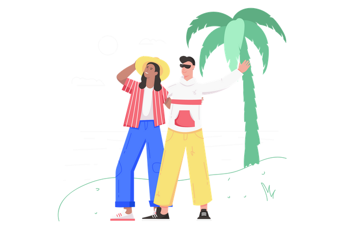 Happy couple walking along beach  Illustration