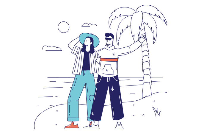Happy couple walking along beach  Illustration