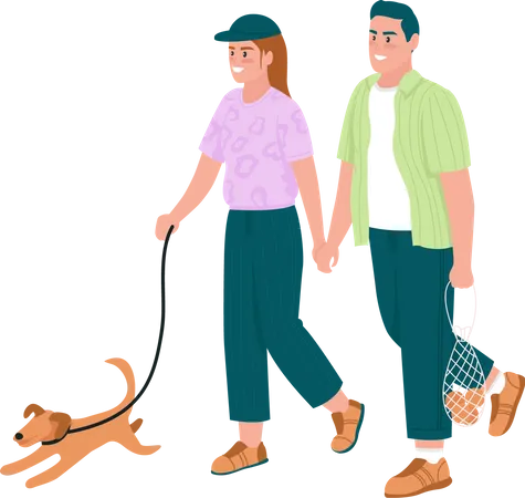 Happy couple walking dog Illustration