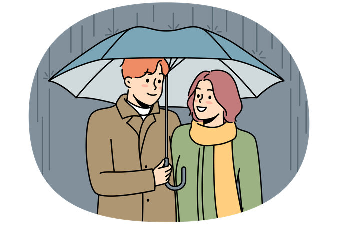 Happy couple walking in rain under umbrella  Illustration