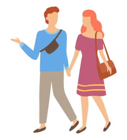 Happy Couple Man And Woman Walking Together Holding Hands Isolated Cartoon Characters Vector Male And Female With Bag Or Sack People On Walk Flat Style Illustration