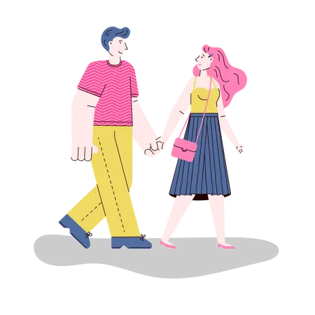 Happy Young Couple Walking Together In Nature Isolated Man And Woman In Love Holding Hands And Taking A Stroll In Park Flat Vector Illustration Illustration