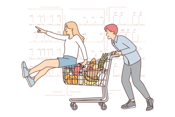 Happy Couple Walks Around Supermarket Riding Food And Fruit Cart Near Grocery Store Shelves Man Rides Girlfriend On Shopping Cart Enjoying Visiting Supermarket With Large Assortment Illustration