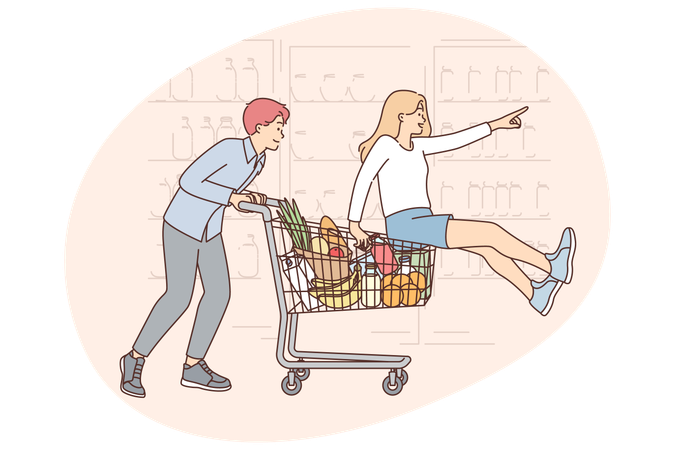 Happy couple walks around supermarket riding food and fruit cart near grocery store shelves  Illustration