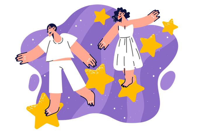 Happy couple walks on stars in space  Illustration