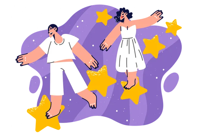 Happy Couple Walks On Stars In Space For Concept Of Fantasies And Dreams About Traveling Through Galaxy People In Love In White Clothes Walk Together In Starry Sky Or Space Exploring Universe イラスト